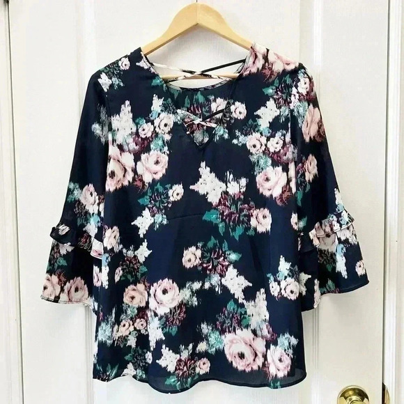 DR2 Blouse Sheer Ruffle Sleeve Bohemian Dark Floral Flowy Blue Size Small - Picture 3 of 14